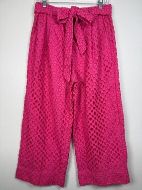 JCrew Tie Elastic Waist Eyelet Cropped Wide Leg Pant 12 Pink Pockets Pleats Read